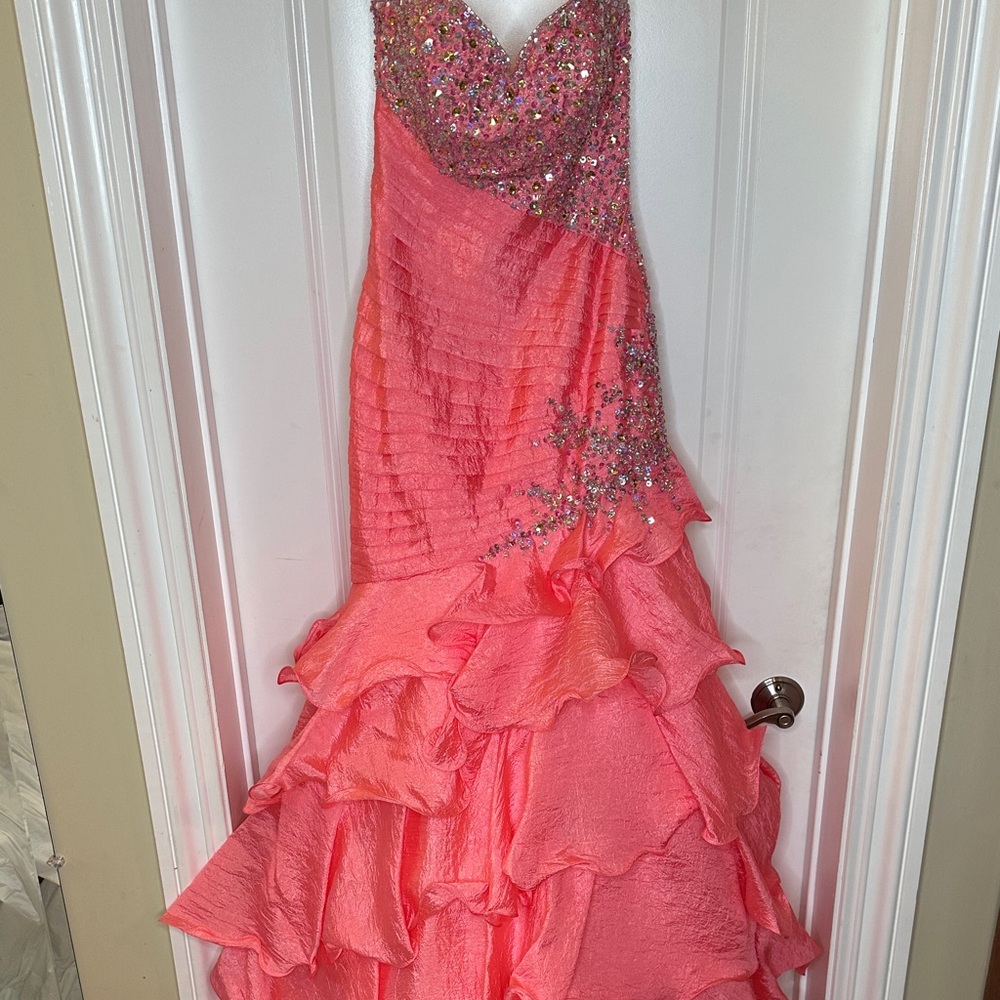 Night Moves Prom Collection Coral Ruffled Gown - Picture 4 of 8